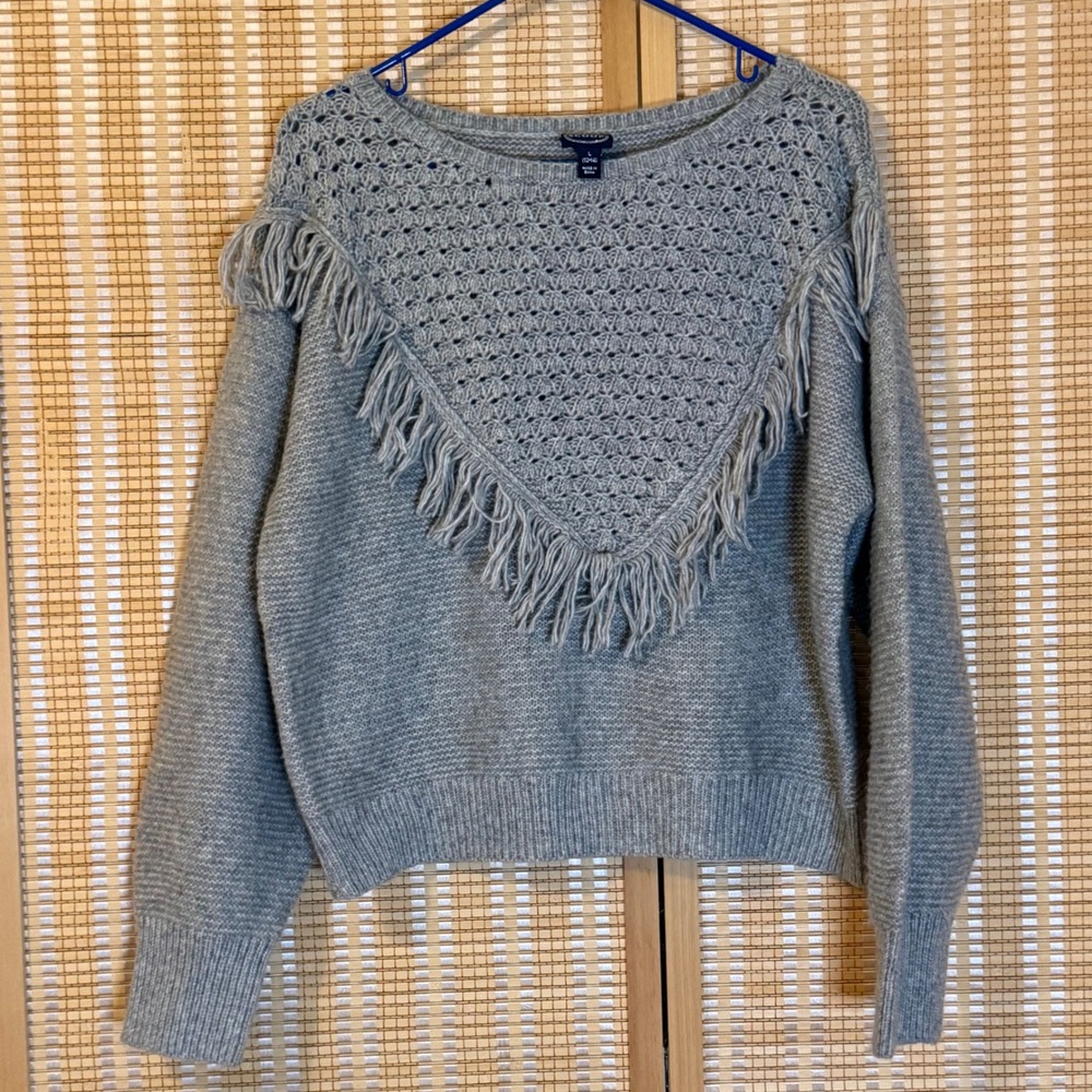 Scoop Womens Grey Fringe Crochet V-Panel Knit Sweater Boho Size L‎ 12-14 Preppy